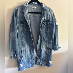Distressed long denim jacket! Size M.